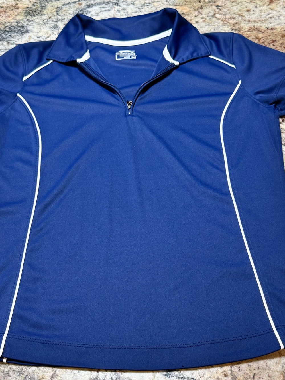 Navy Blue Athletic Quarter-Zip Polo with White Piping